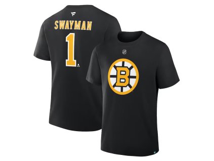 Pánské tričko Jeremy Swayman #1 Boston Bruins NHL Stack Logo Name & Number 2025/2026 Season