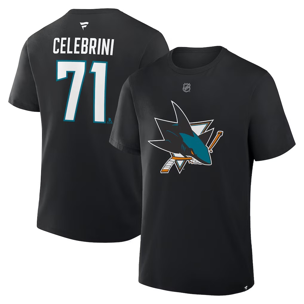 Fanatics Pánské tričko San Jose Sharks NHL Macklin Celebrini #71 Authentic Stack Name and Number T-Shirt - Black Veľkosť: XL