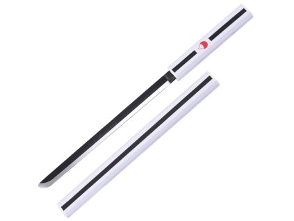 Mini biela ozdobná katana Sasuke Uchiha s bambusovou čepeľou a so stojančekom - Naruto replika