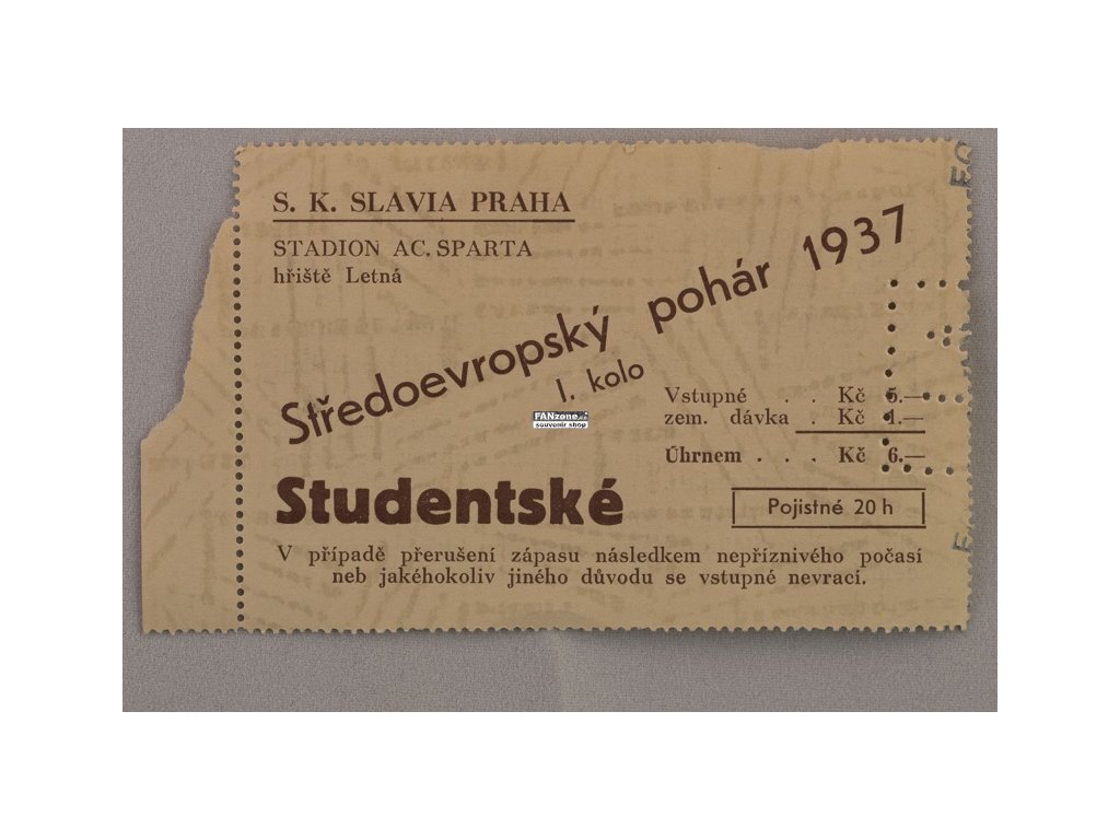 Vstupenka fotbal Středoevropský pohár S.K. Slavia Praha