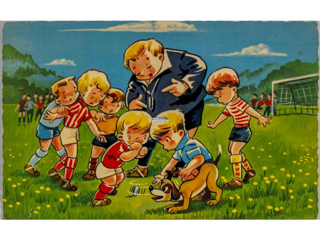 Pohlednice humor mladí fotbalisté a pes (1)