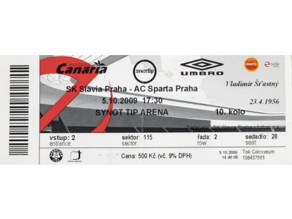 Vstupenka fotbal SK Slavia Praha vs. AC SPARTA Praha, 2009, Vladimír Šťastný .5. X. 2009,  utržená. Sektor 115, Řada 2, Sedadlo 28. 