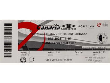 Vstupenka fotbal, SK Slavia Praha v. FK Baumit Jablonec, 2008