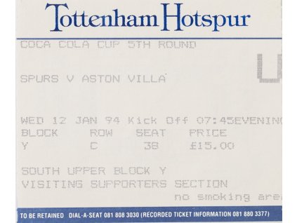 Vstupenka fotbal, Tottenham Hotspur v.Aston Villa, 1994