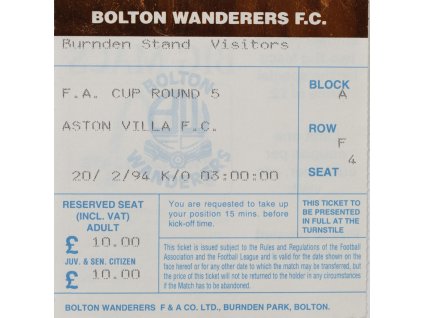 Vstupenka fotbal, Bolton Walderers F.C. v.Aston Villa, 1994