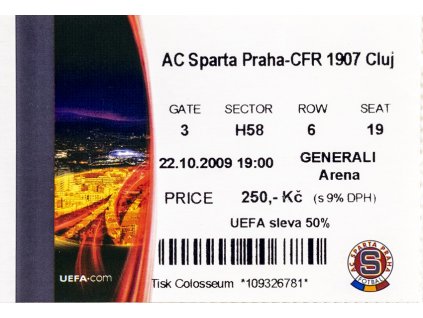 Vstupenka UEFA , Sparta Praha v. CFR 1907 Cluj, 2009