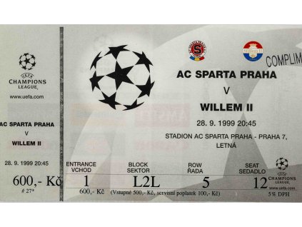 Vstupenka fotbal UEFA CHL, AC Sparta Praha v. Willem II, 1999 (2)