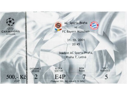 Vstupenka AC Sparta v. Bayern Munchen, CHL, 2001