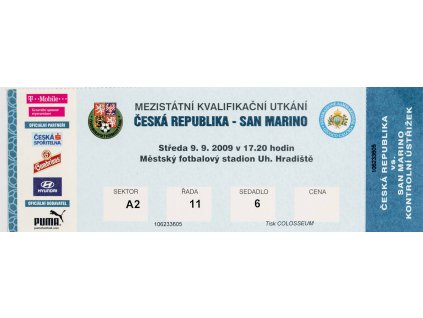 Vstupenka fotbal, ČR v. San Marino, 2009