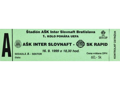 Vstupenka fotbal, AŠK Slovan Bratislava v. SK Rapid, 1999, A
