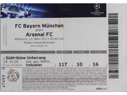 Vstupenka fotbal. FC Bayern v. Arsenal FC, 2013