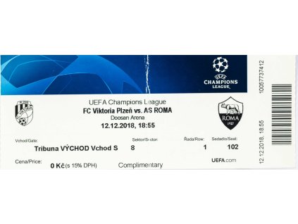 Vstupenka fotbal Plzeň vs. AS Roma, CHL 2018