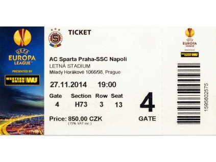 Vstupenka fotbal, Ac Sparta Praha v. SSC Napoli, 2014