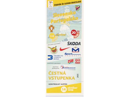 Vstupenka fotbal Q2000, Slovensko v. Portugalsko, 1999