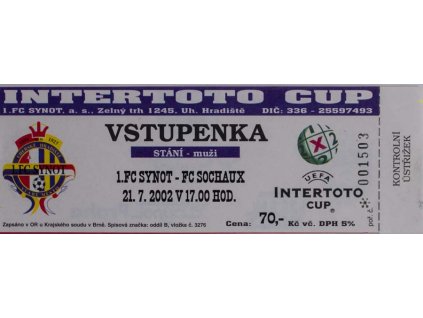 Vstupenka fotbal Intertoto, FC Synot v. FC Sochaux, 2002