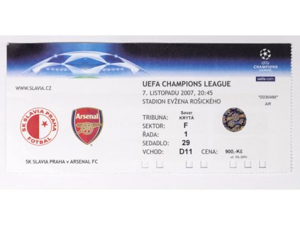 Vstupenka fotbal SK Slavia Prague vs. ARSENAL FC .7. XI. 2007,  utržená, hologram. UEFA Champions league.DSC 4268