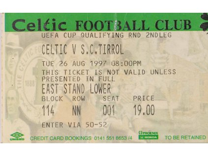 Vstupenka Celtic v. SC Tirol, UEFA cup, 1997