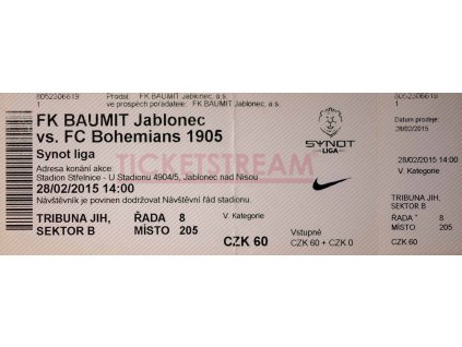 Vstupenka, FC Jablonec v. FC Bohemians 1905, 2015