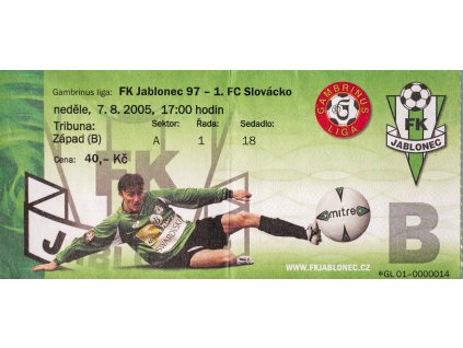 Vstupenka, FC Jablonec v. FC Slovácko, 2005