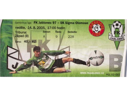Vstupenka, FC Jablonec v. SK Sigma Olomouc, 2005