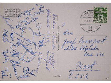 Pohlednice ze zájezdu do Dánska, reprezentace ČSSR J. Masopustovi, autogramy (2)