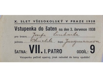 Vstupenka X. všesokolský slet v Praze, do šaten na 3.VII.1938