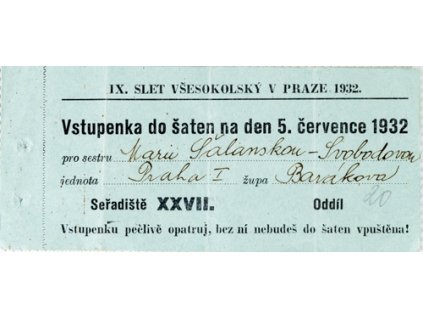 Vstupenka do šaten IX. všesokolský slet v Praze, 1932Vstupenka do šaten IX. všesokolský slet v Praze, 1932