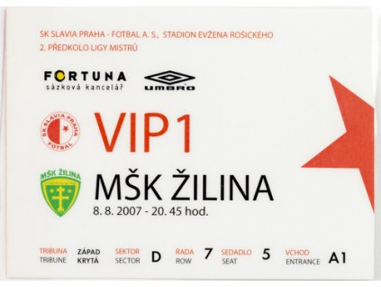 Vstupenka fotbal SK Slavia Praha vs. MŠK Žilina, VIP, 2007Vstupenka fotbal SK Slavia Praha vs. MŠK Žilina, VIP, 2007