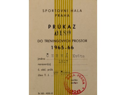 Průkaz do tréninkových prostor Sportovní hala, 1965Průkaz do tréninkových prostor Sportovní hala, 1965