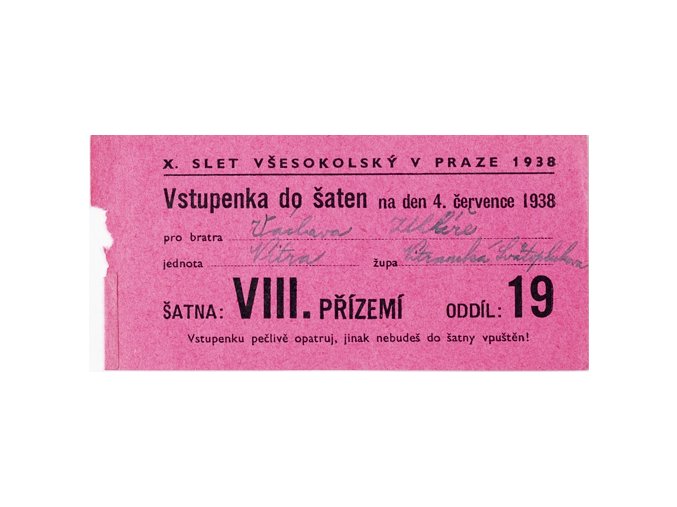 Vstupenka X. všesokolský slet v Praze, do šaten na 4.XIII.1938