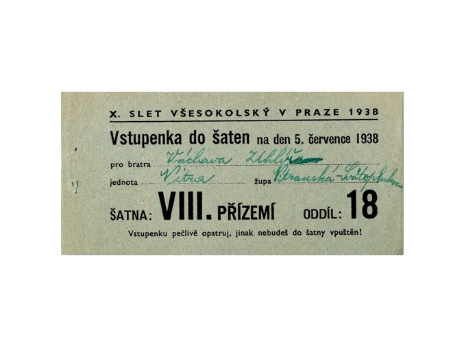 Vstupenka X. všesokolský slet v Praze, do šaten na 5.VII..1938