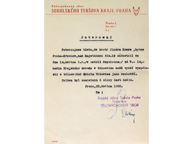 Dokument Sokolského Tyršova kraje Praha, potvrzení, 1950