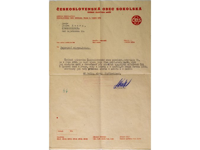 Dokument ČOS, ústředí tělocviku mužů Praha, potvrzení, 1950