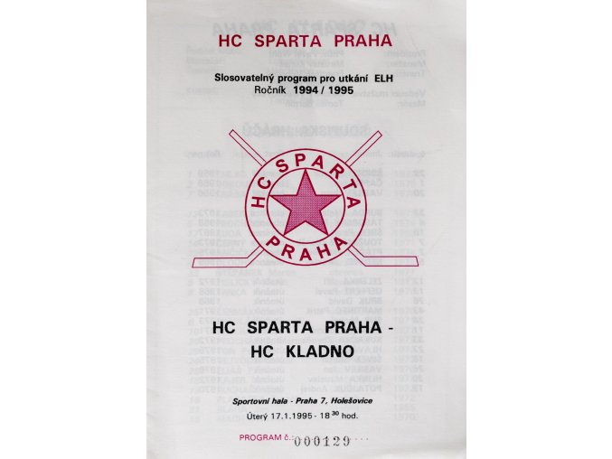 Program hokej, HC Sparta Praha vs. HC, Kladno, 1995