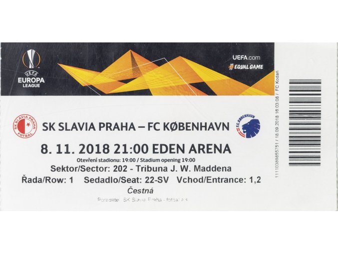 Vstupenka fotbal SK Slavia Prague vs. FC Kobenhavn, UEFA 2018