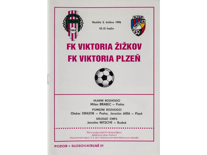 Program FK Viktoria Žižkov vs. FK Plzeň, 1996