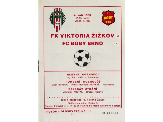 Program FK Viktoria Žižkov vs. FC Boby Brno, 1993