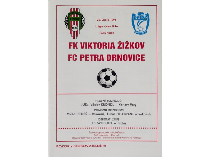 Program FK Viktoria Žižkov vs. FC Petra Drnovice, 1996