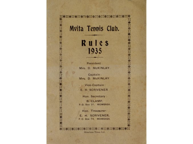 Pravidla, Mvita Tennis Club, Mombasa, Rules 1935