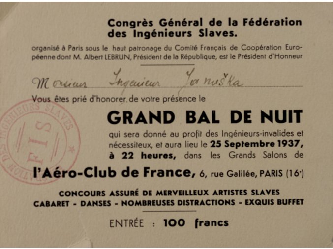 Pozvánka, tiskoviny, Grand bal de Nuit, 1937 (2)