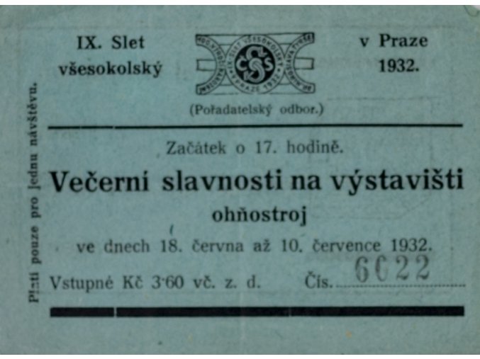 Vstupenka IX. Slet všesokolský, Večerní slavnosti, 1932 (1)