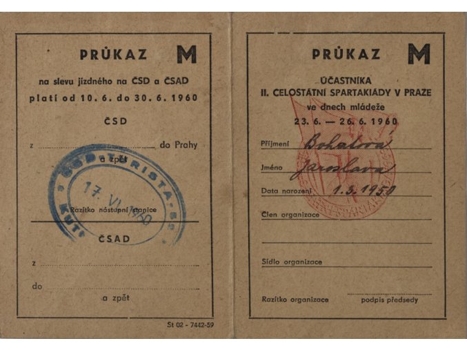 Průkaz účastníka II. celostátní spartakiády v Praze, 1960