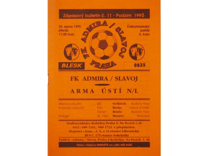 Zápasový bulletin, FK Admira Slavoj v. Arma Ústí n.Labem, 1995