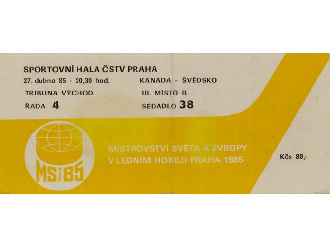 Vstupenka, MS hokej Praha, Kanada v. Švédsko, 1985 (1)