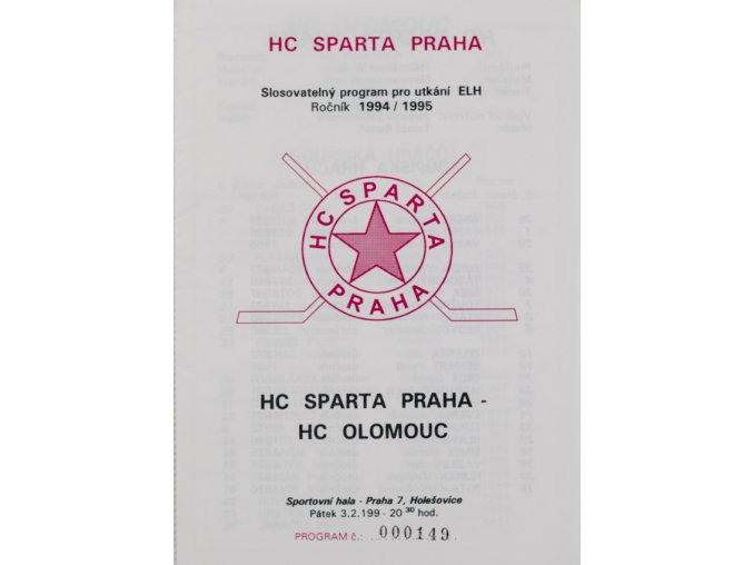 Program hokej, HC Sparta Praha vs. HC Olomouc, 1995