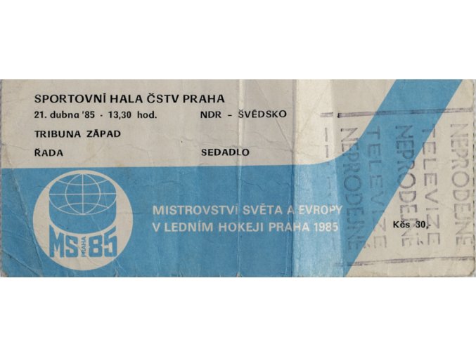 Vstupenka, MS hokej Praha, NDR v. Švédsko, 1985 (1)