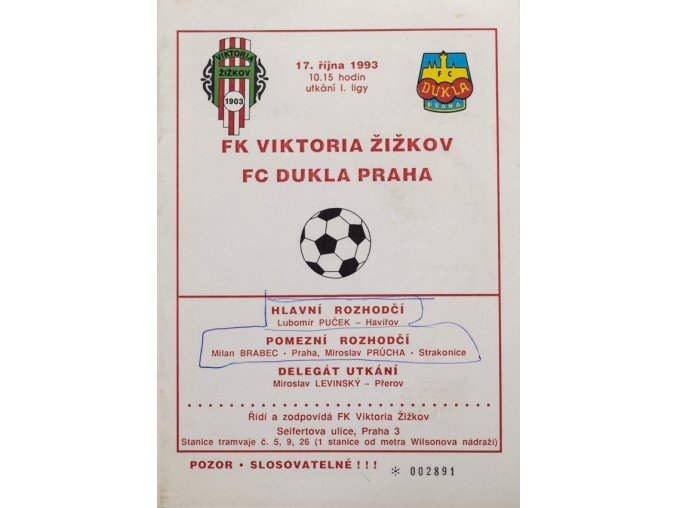 Program FK Viktoria Žižkov vs. Dukla Praha ,1993
