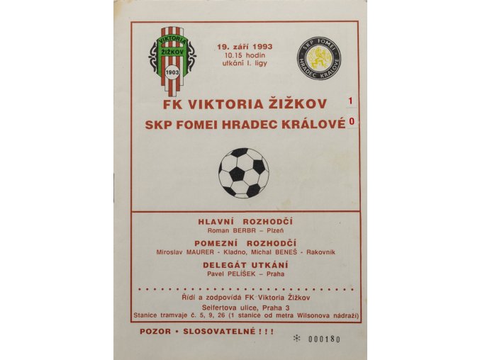 Program fotbal, Žižkov vs. SK Hradec Kralové, 1993