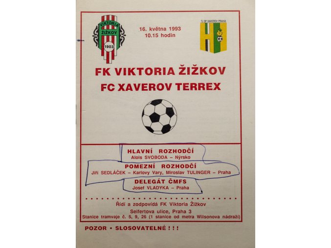 Program FK Viktoria Žižkov vs. FC Xaverov Terrex, 1993