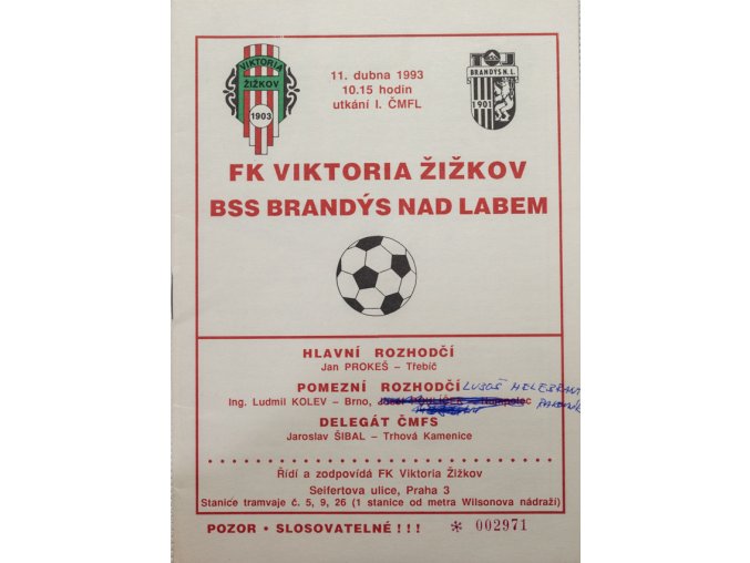 Program FK Viktoria Žižkov vs. BSS Brandýs N. Labem, 1993